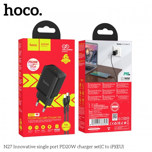 Charger Hoco "N27" Black (PD20W) + "Type-C / Lightning" 100cm cable