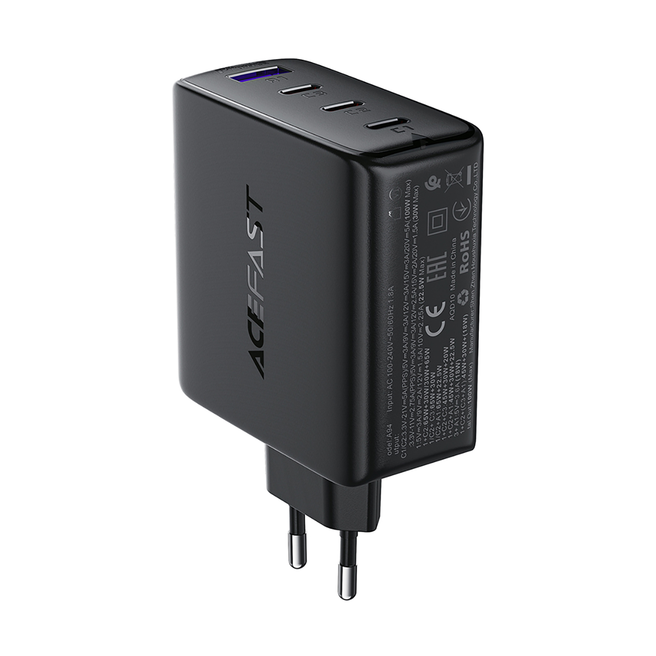 Acefast A94 GaN2 laturi USB-A / 3 x USB-C PD 100 W - musta