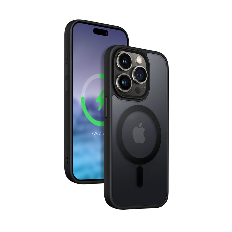 Crong Hybrid Frost MAG Cover suojakuori iPhone 15 Pro -laitteelle, MagSafe-yhteensopiva, musta
