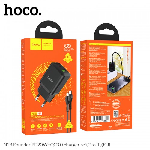Charger Hoco "N28" Black (PD20W / QC3.0) + "Type-C / Lightning" 100cm cable
