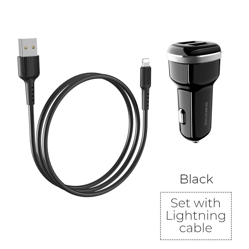 Borofone BZ13 Extreme autolaturi 2 USB-A-liitännällä, 12 W, Lightning-kaapelilla, musta