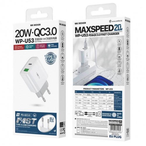 Charger WK Design "WP-U53" White 20W (Ports:"Type-C")