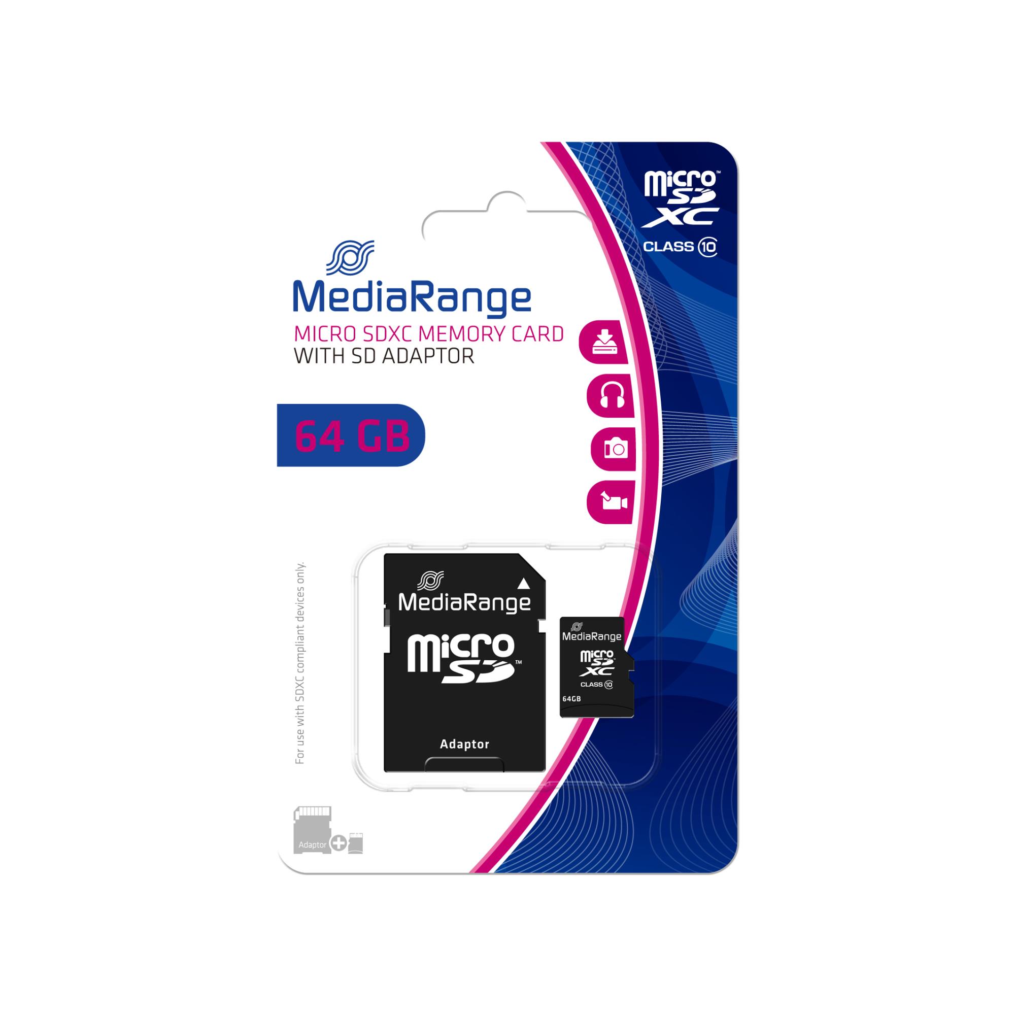 MediaRange Micro SDXC -muistikortti 64GB C10 adapterilla MR955