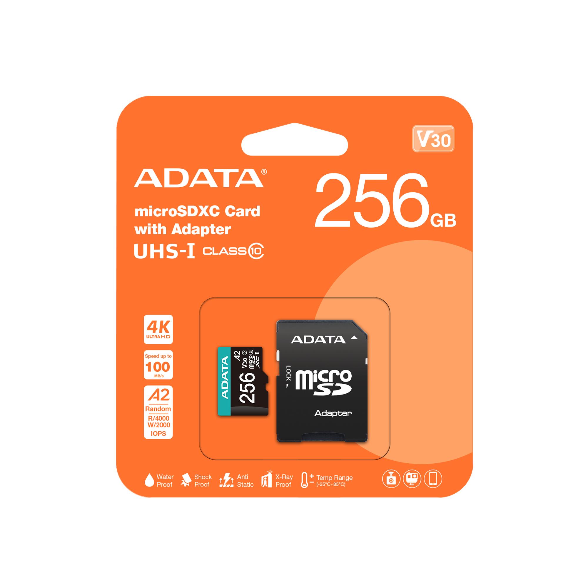 ADATA microSDXC-muistikortti 256 Gt adapterilla, AUSDX256GUI3V30SA2-RA1