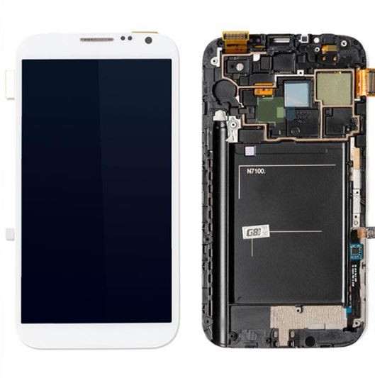 LCD-näyttö Samsung N7100 Note 2 kosketusnäytöllä ja kehyksellä valkoinen alkuperäinen (huoltopaketti)