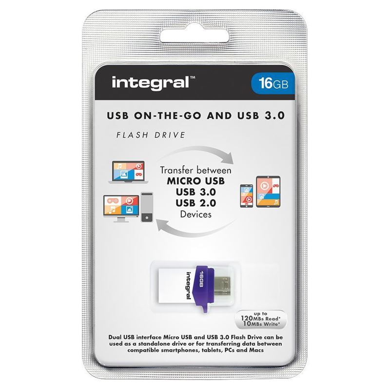 Integral Micro Fusion USB 3.0 OTG flash drive with USB-A and Micro-USB, 16 GB, white