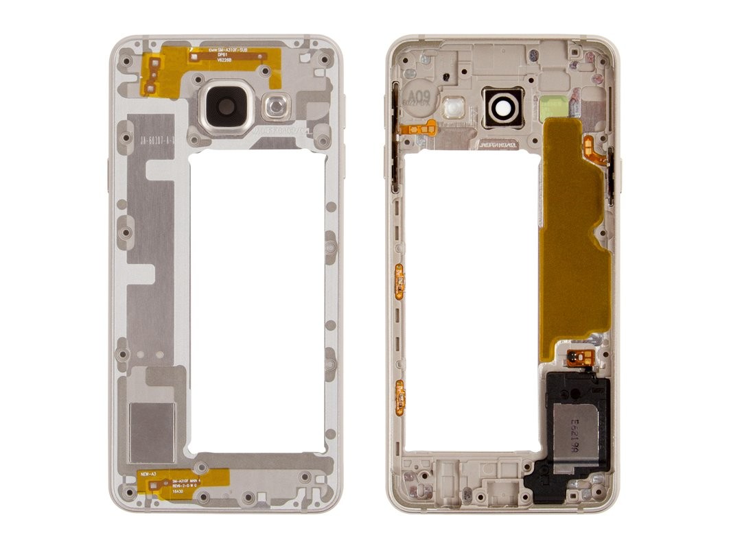 Keskikotelo Samsung A310 A3 2016 kultainen summerin ja sivupainikkeiden kanssa alkuperäinen (käytetty Grade B)