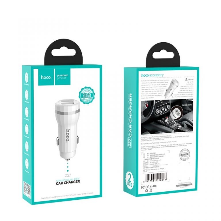 Car charger Hoco Z27 USB + "lightning" (5V 2.4A) white