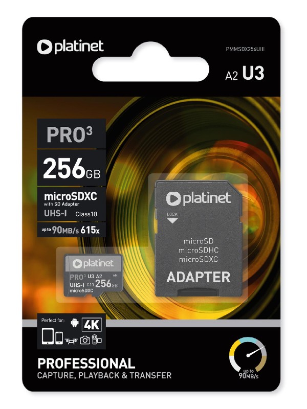 Muistikortti Platinet MicroSD 256GB (class10 UHS-III 90MB/S) + SD-adapteri