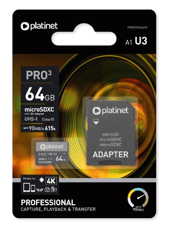 Muistikortti Platinet MicroSD 64GB (class10 UHS-III 90MB/S) + SD-adapteri