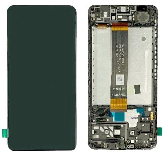 LCD-näyttö Samsung A047 A04S 2022 kosketusnäytöllä ja kehyksellä musta alkuperäinen (service pack)