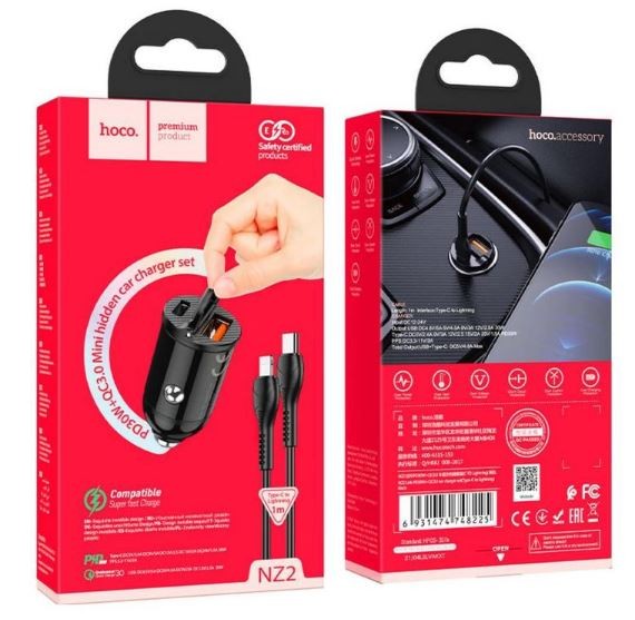 Autolaturi Hoco NZ2 (1xUSB;1xUSB-C; 30W) + kaapeli USB-C(Type-C) Lightning musta