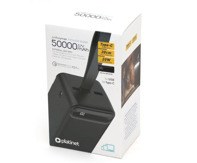 Varavirtalähde POWER BANK Platinet 50000mAh (1xUSB; 1xType-C; QC3.0 20W) musta
