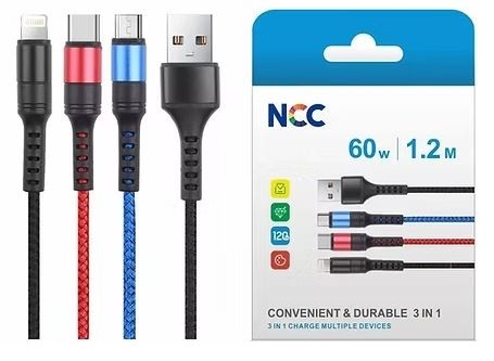 USB kaapeli NCC lightning+micro+USB-C (60W) 1m musta