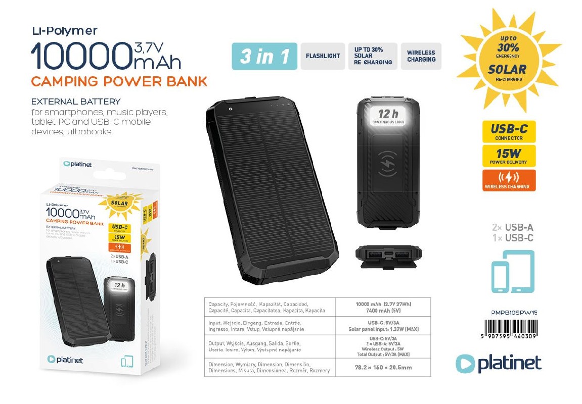 Varavirtalähde POWER BANK Platinet SOLAR 10000mAh (2xUSB; 1xUSB-C; 3A) musta