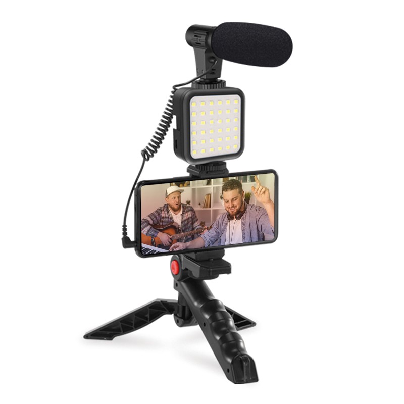 Puhelinteline Platinet VLOG 4in1 (mikrofoni; led; teline) musta