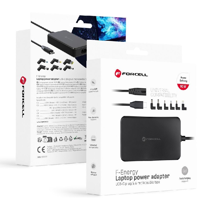 Yleislaturi kannettavalle tietokoneelle FORCELL F-ENERGY E856 90W (6 adapteria, yhteensopiva monien kannettavien tietokoneiden mallien kanssa) musta