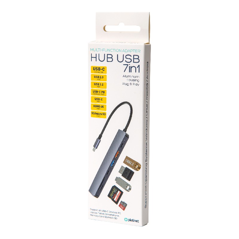 USB-C HUB Platinet 7in1 (PMH9997B) (1xHDMI 4K; 1xUSB-C; 2xUSB 3.2; SD MicroSD)