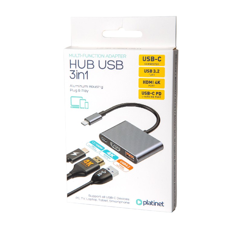 USB-C keskitin Platinet 3in1 (PMH9991T) (1xHDMI 4K; 1xUSB-C; 1xUSB 3.2)