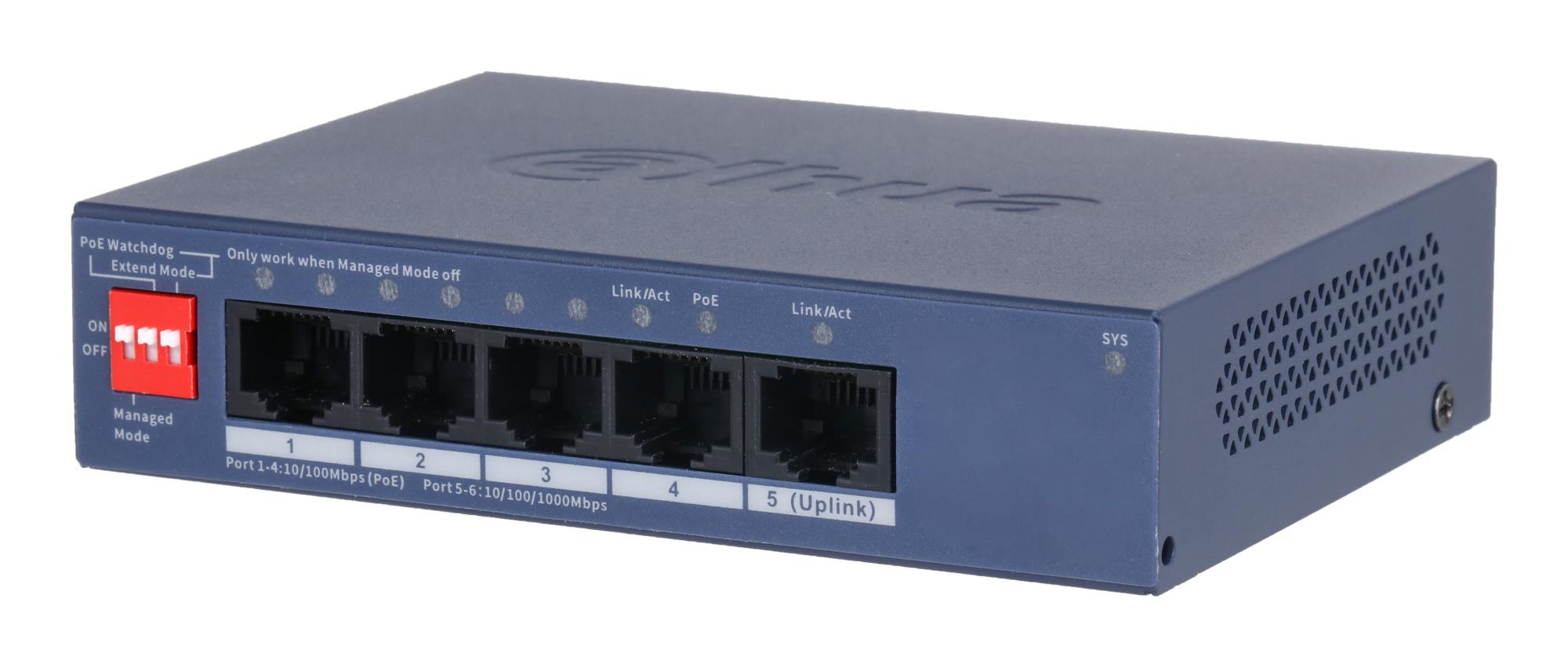 Dahua CS4005-4ET1GT-36 L2-kytkin, 4x RJ-45 Fast Ethernet (10/100), 1x Gigabit Ethernet (kupari), 4 PoE-porttia, PoE-budjetti 36 W, DH-CS4005-4ET1GT-36