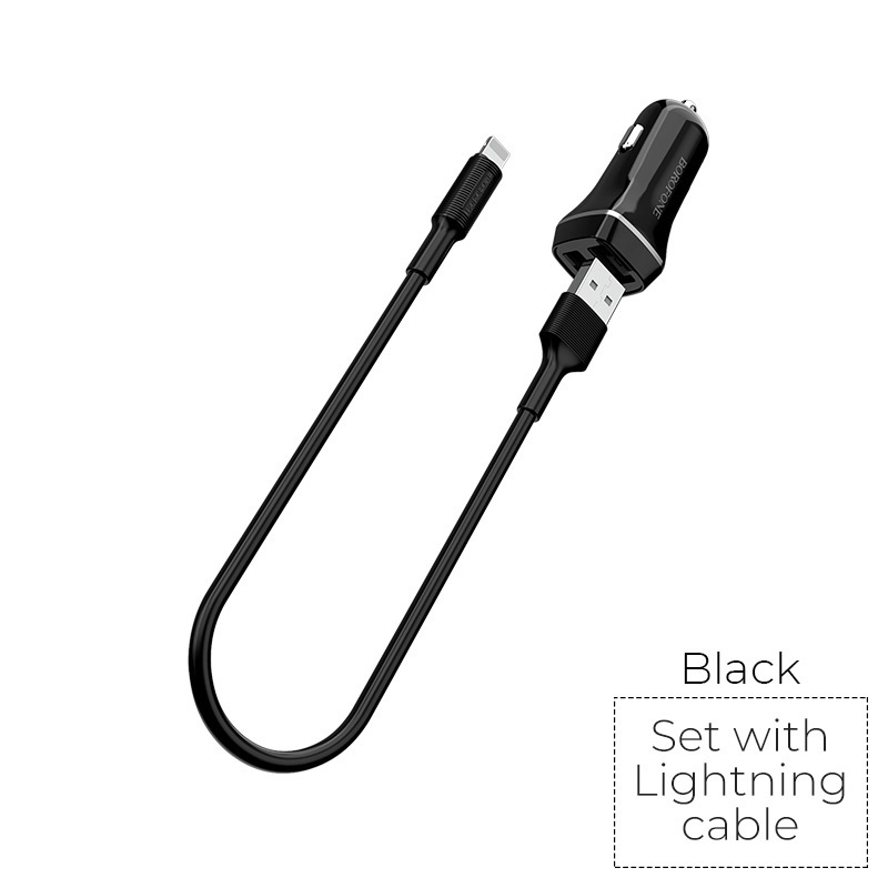 Borofone BZ2 Joyroad autolaturi 2 USB-A-liitännällä, 12 W, Lightning-kaapelilla, musta