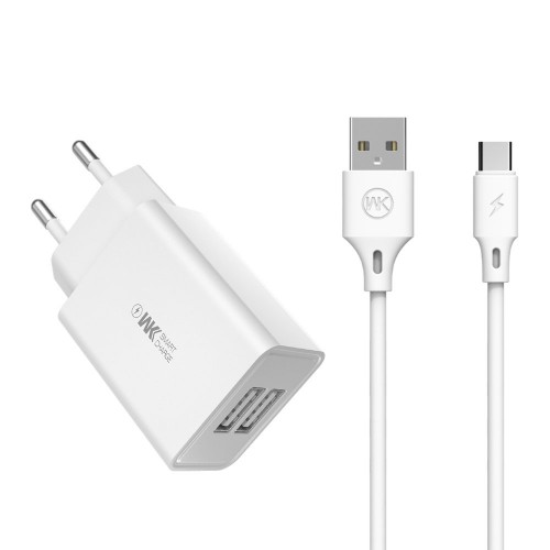 Charger WK Design "WP-U56" White (Ports: 2xUSB) + "Type-C" 100cm cable