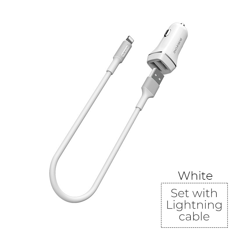 Borofone BZ2 Joyroad autolaturi 2 USB-A-liitännällä, 12 W, Lightning-kaapelilla, valkoinen