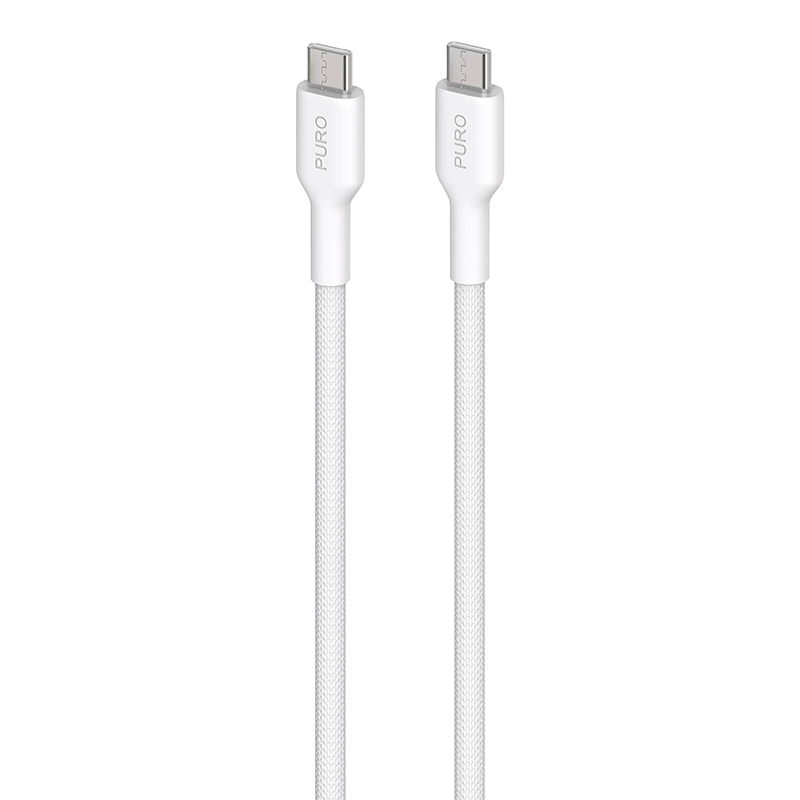 Puro Fabric vahvistettu punottu USB-C–USB-C-lataus- ja datakaapeli, 1,2 m, valkoinen