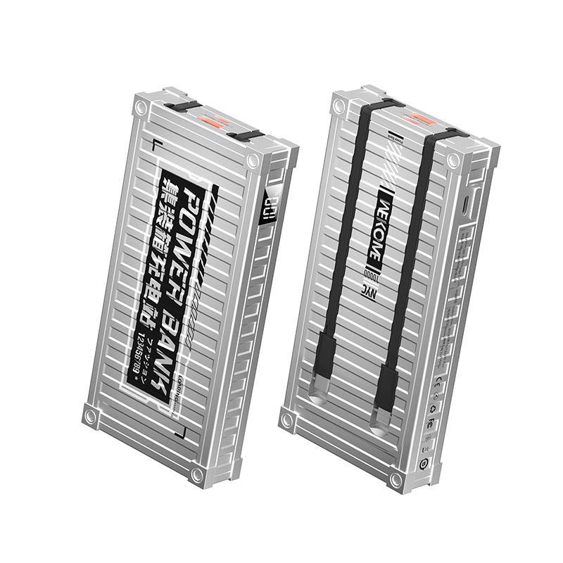 WEKOME WP-339 Container Series varavirtalähde, 10000 mAh, PD 20 W + QC 22,5 W, sisäänrakennetuilla USB-C- ja Lightning-kaapeleilla, hopeanvärinen