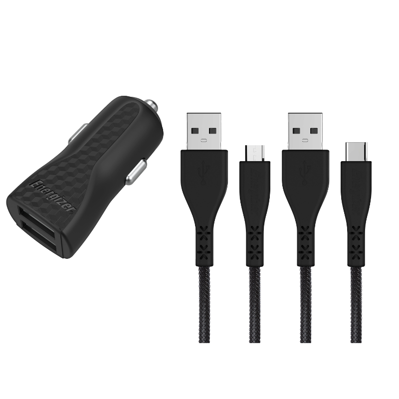 Energizer HardCase DC2BLCMM autolaturi, 2 × USB-A, 2,4 A, USB-C- ja Micro-USB-kaapelilla, musta
