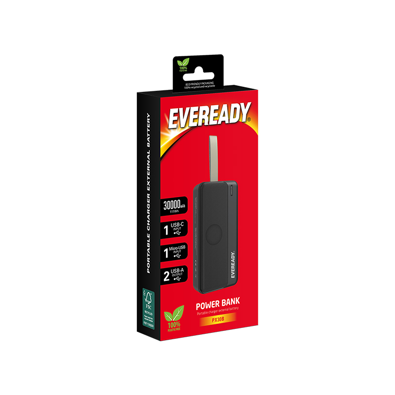 Eveready PX30B varavirtalähde, 30000 mAh, 2 × USB-A, musta
