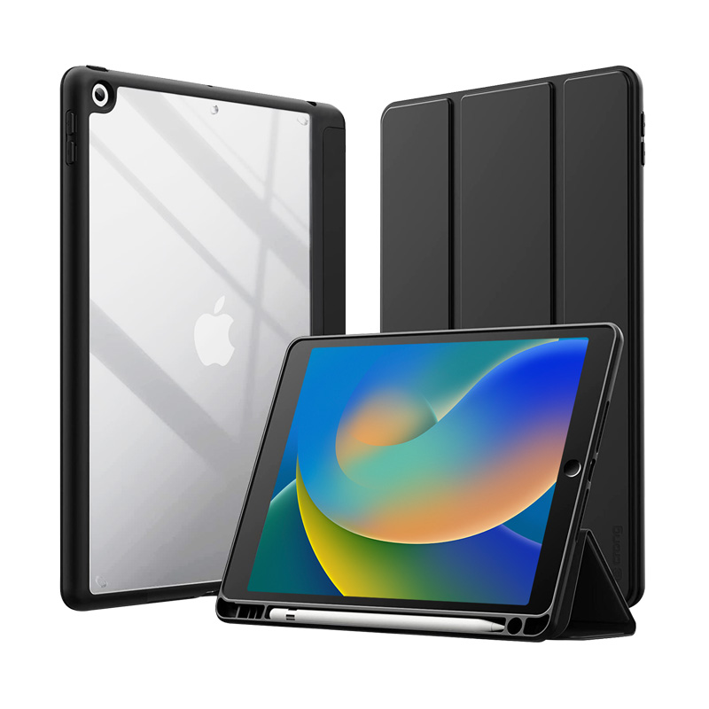 Crong PrimeFolio case for iPad 10.2" (2019–2021), with stand and Apple Pencil holder, black and clear