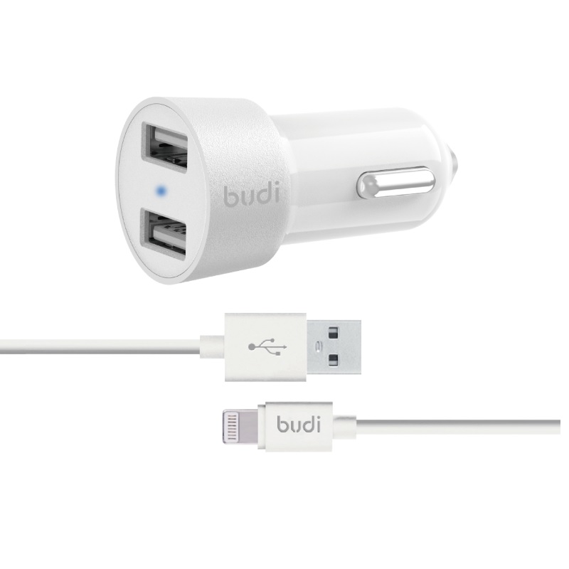 Budi BD622LW car charger with 2 USB-A ports, with LED indicator, with Lightning cable