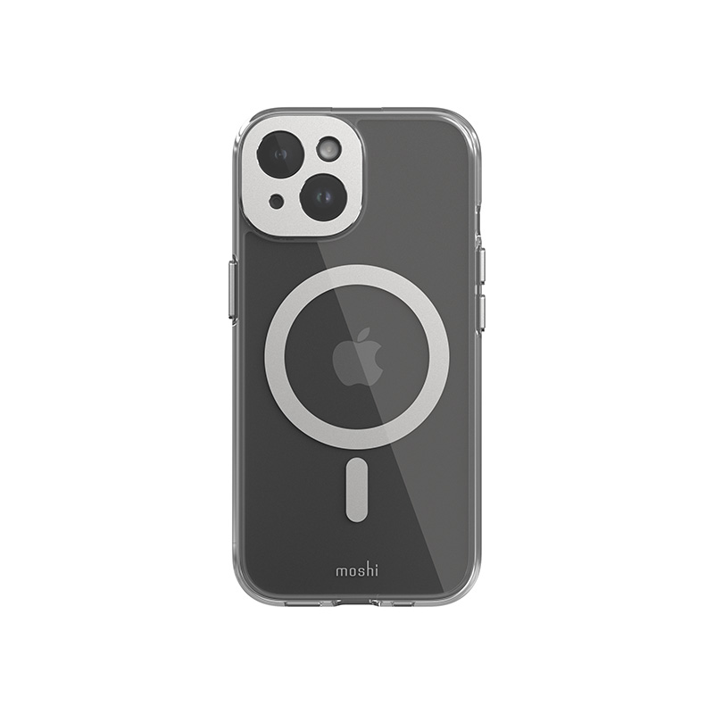 Moshi iGlaze MagSafe suojakuori iPhone 15 -laitteelle, läpinäkyvä Luna Silver -yksityiskohdilla