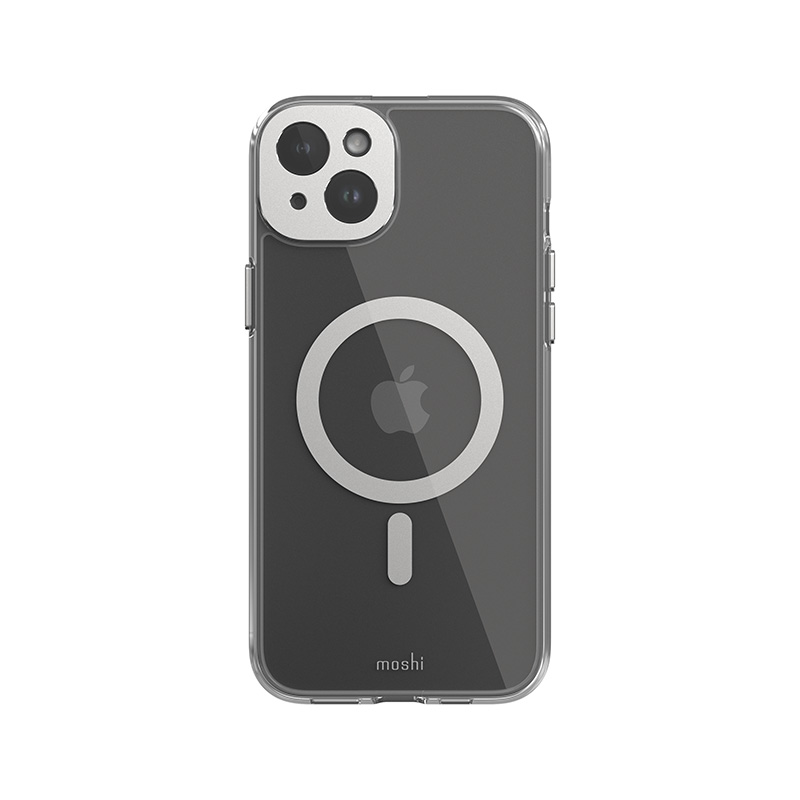 Moshi iGlaze MagSafe suojakuori iPhone 15 Plus -laitteelle, läpinäkyvä Luna Silver -yksityiskohdilla