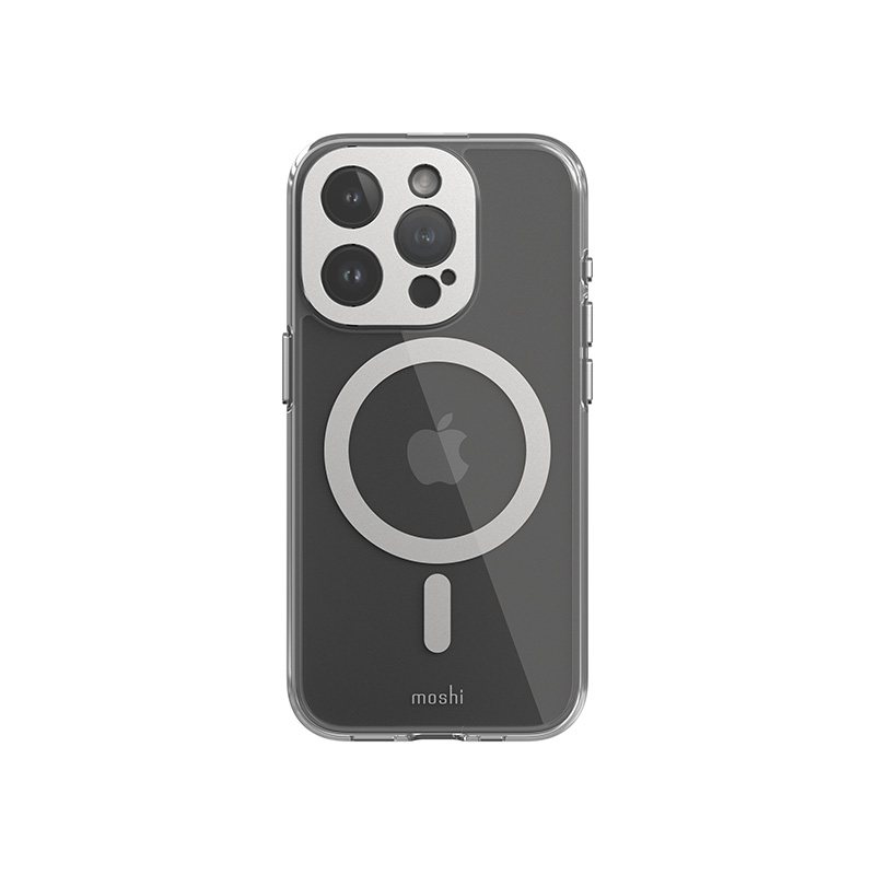 Moshi iGlaze MagSafe suojakuori iPhone 15 Pro -laitteelle, läpinäkyvä Luna Silver -yksityiskohdilla