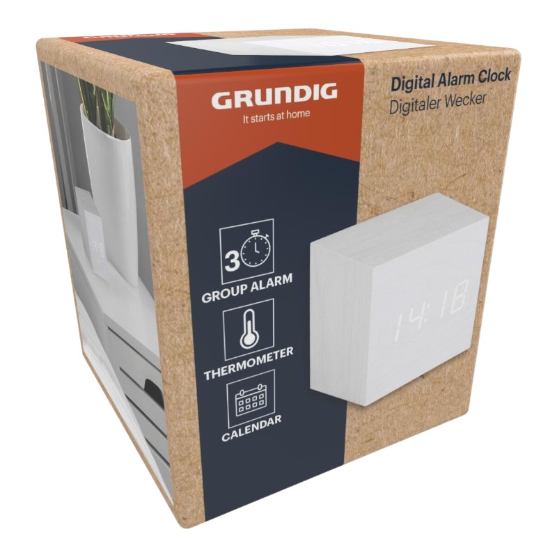 Grundig digital LED alarm clock with thermometer and calendar, white