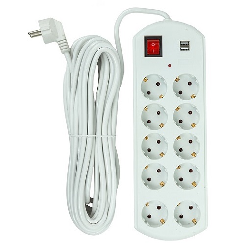 Jatkojohto 10 m, 10 pistoketta, 2x USB, virrankatkaisijalla
