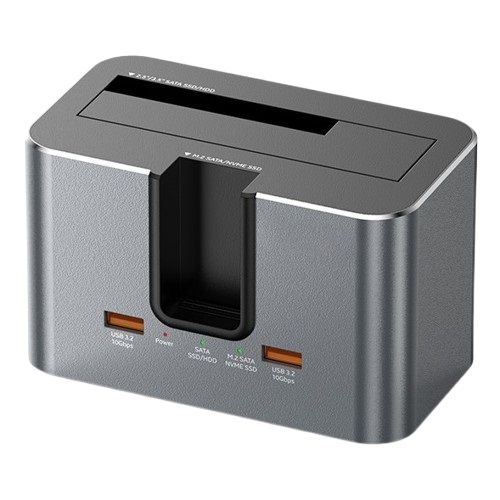 Kaksipaikkainen telakointiasema, M.2 SATA/NVMe, 2,5"/3,5" SSD/HDD, 2x USB-A, USB-C