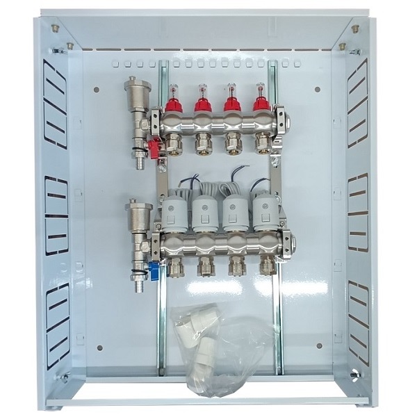 Lämmitysjakotukki 4 piiriä, termostaattimoottorit NC AC230V ja virtausmittarit