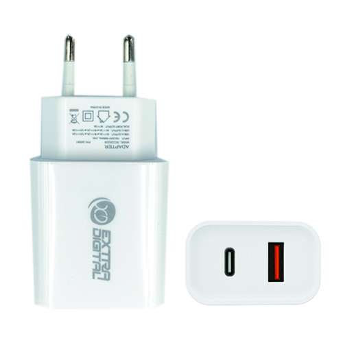 Laturi EXTRA DIGITAL USB 3.0 + Type C: 220V, 20W, QC3.0 + PD