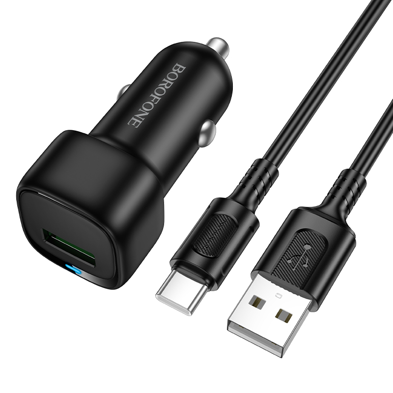 Borofone BZ34 Cloud -autolaturi - USB - QC 3.0 18W ja USB - Type C -kaapeli, musta