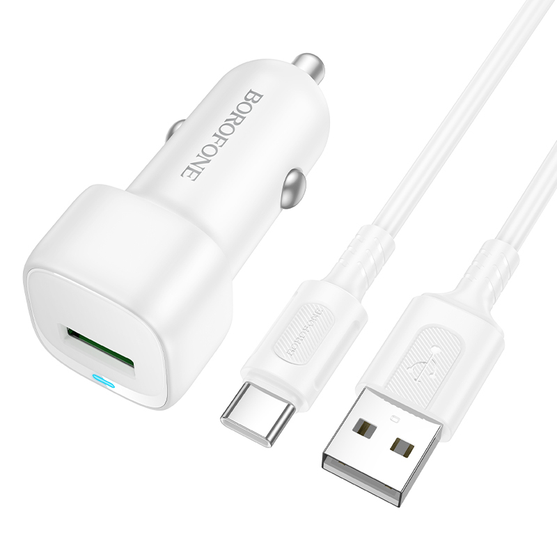 Borofone BZ34 Cloud -autolaturi - USB - QC 3.0 18W ja USB - Type C -kaapeli, valkoinen