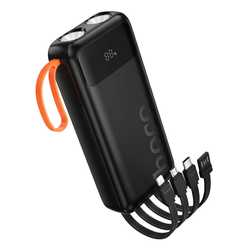 Hoco J151A -varavirtalähde 20000 mAh 2A sisäänrakennetuilla kaapeleilla USB-A + USB-C + Lightning + Micro USB ja kaksoisvalolla, musta