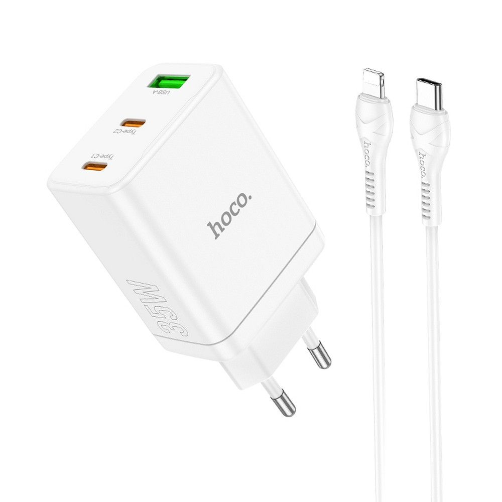 Laturi Hoco N33 + USB-C (Type-C) - Lightning -kaapeli (2xUSB-C; 1xUSB 35W) valkoinen