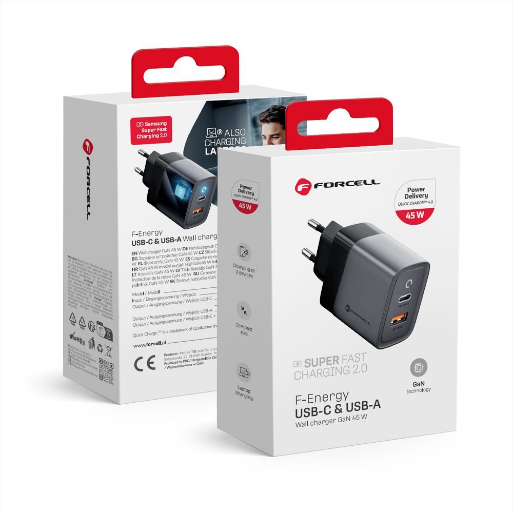 Puhelimen laturi Forcell F-Energy GaN USB C + USB A QC4.0 PD 4A 45W VT-39 harmaa