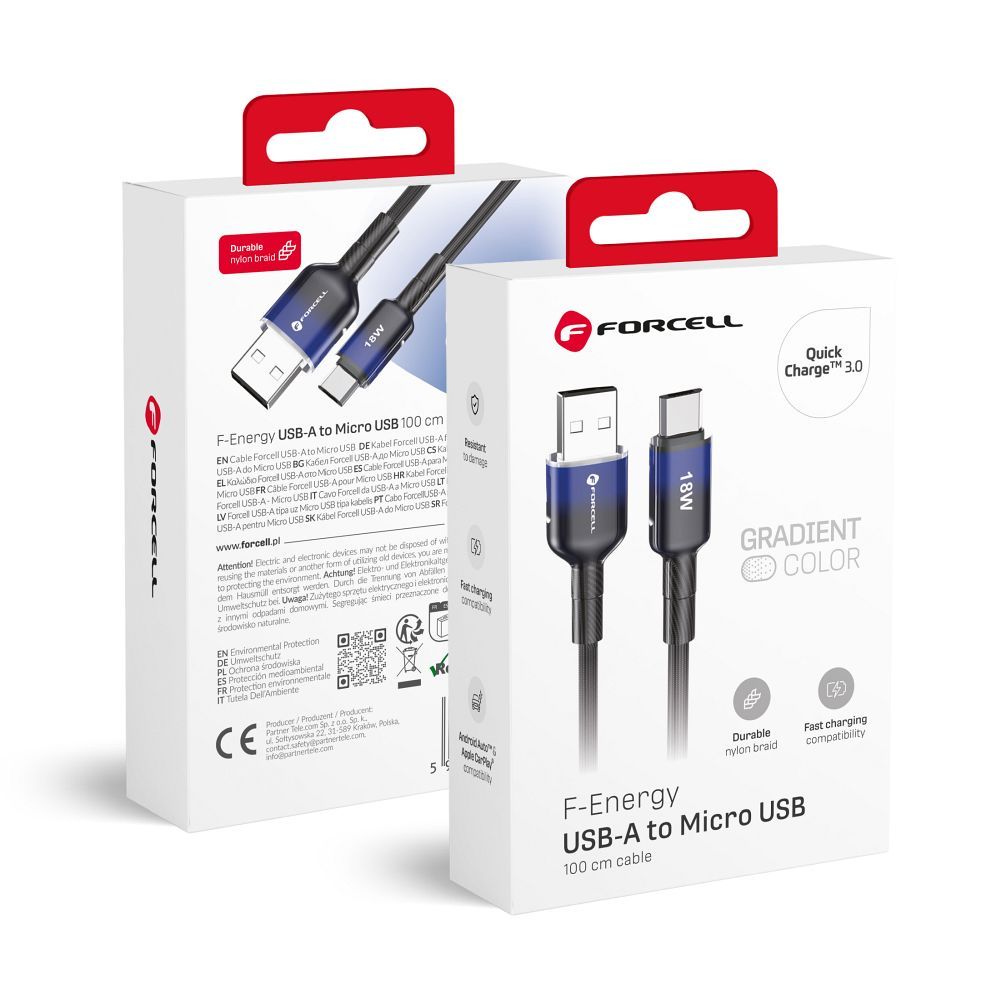 Kaapeli FORCELL F-ENERGY C351 USB A - Micro USB QC3.0 2,4A 18W liukuväri 1 m musta (m)