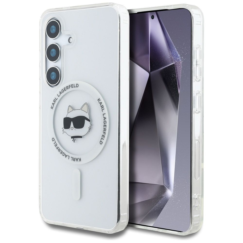 Karl Lagerfeld Suojakuori Samsung S25:lle KLHMS25SHLSCHH (Magneettinen IML Metal Choupette Head) Valkoinen