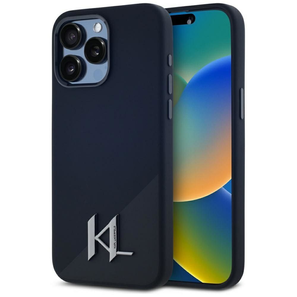 Karl Lagerfeld suojakuori iPhone 15 Pro:lle MagSafe-tuella KLHMP15LSCMKMPCK (Silicone Initial Metal Logo) - musta