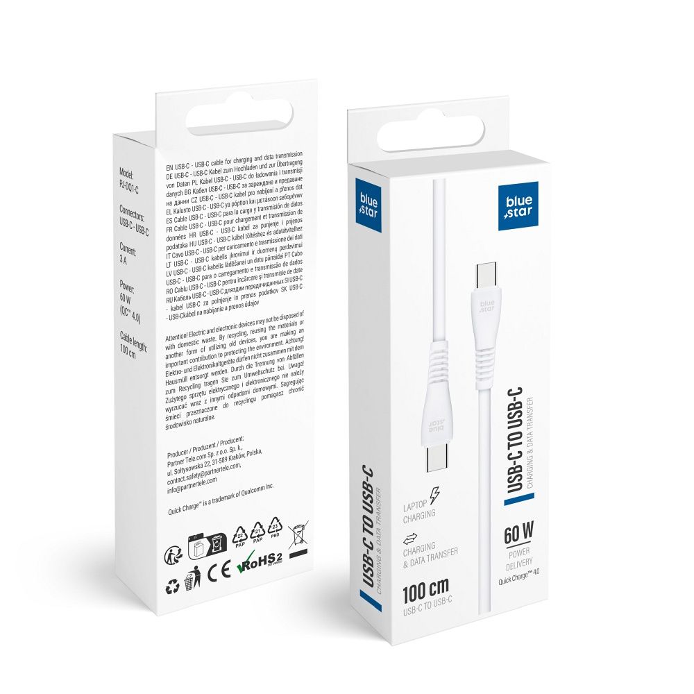 Kaapeli USB C–USB C Blue Star 3A 60W QC4.0 1 m PJ-DQ1-C, valkoinen